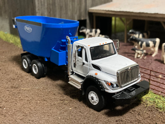 1/64 Vertical Feed Twin Screw Blue on White International Workstar Truck