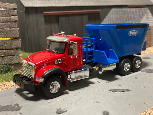 1/64 Vertical Feed Twin Screw Blue on Red Mack Granite Truck